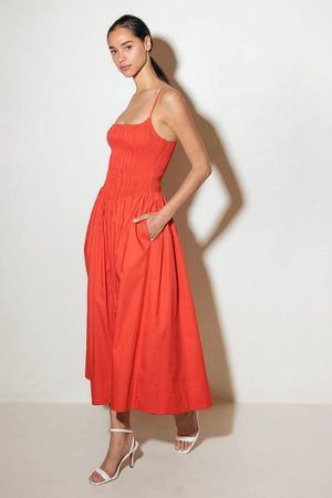 MOVE WITH INTENTION RED WOVEN MIDI DRESS.