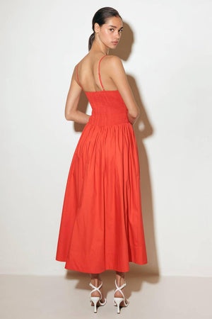 MOVE WITH INTENTION RED WOVEN MIDI DRESS.