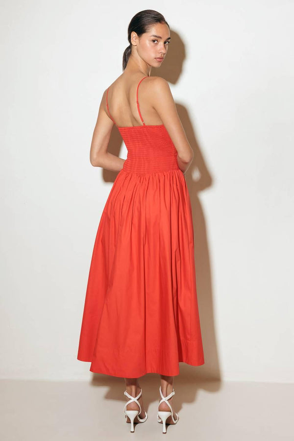 MOVE WITH INTENTION RED WOVEN MIDI DRESS.