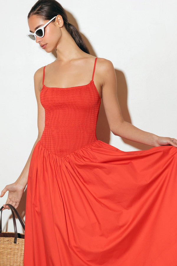 MOVE WITH INTENTION RED WOVEN MIDI DRESS.
