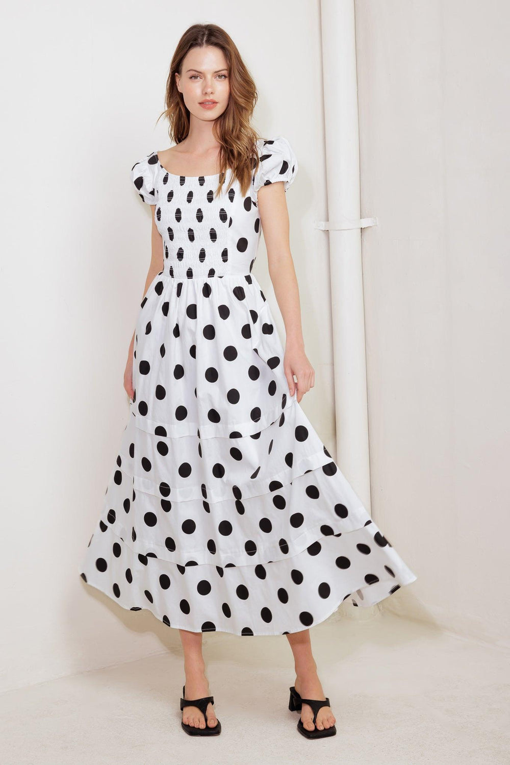 EFFORTLESS DAYS WOVEN MIDI DRESS.