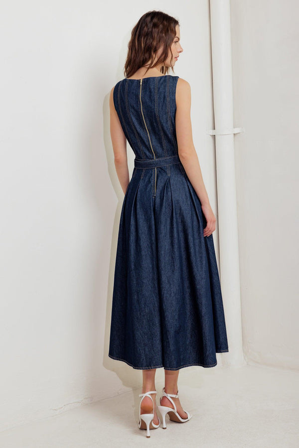 MOONLIGHT SERENADE DENIM MIDI DRESS.