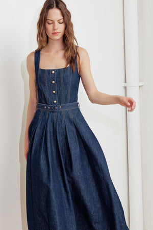 MOONLIGHT SERENADE DENIM MIDI DRESS.