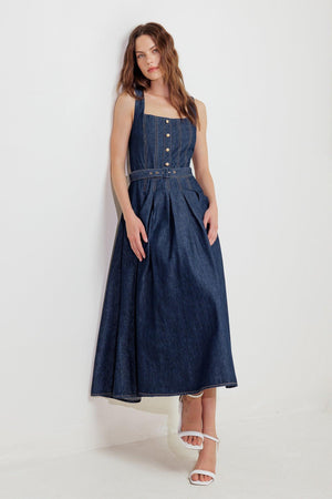 MOONLIGHT SERENADE DENIM MIDI DRESS.