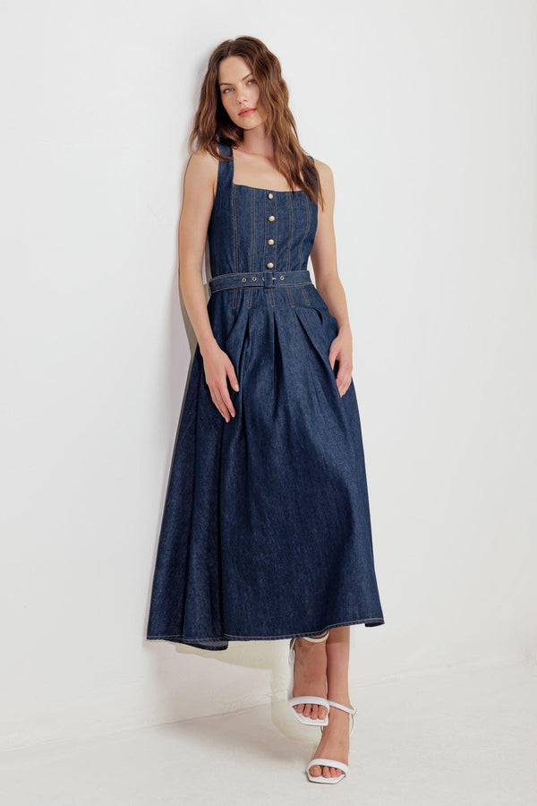 MOONLIGHT SERENADE DENIM MIDI DRESS.