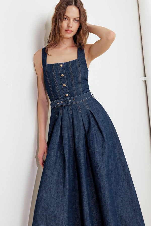 MOONLIGHT SERENADE DENIM MIDI DRESS.