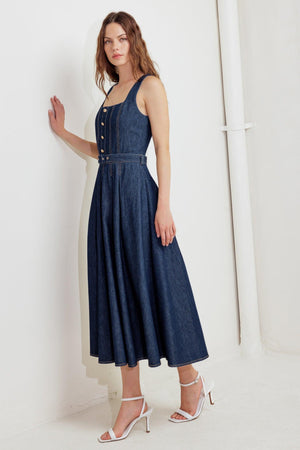 MOONLIGHT SERENADE DENIM MIDI DRESS.