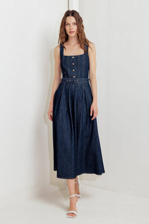 MOONLIGHT SERENADE DENIM MIDI DRESS.
