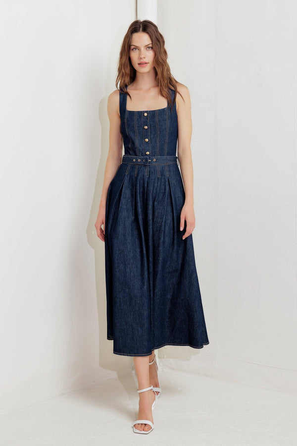 MOONLIGHT SERENADE DENIM MIDI DRESS.