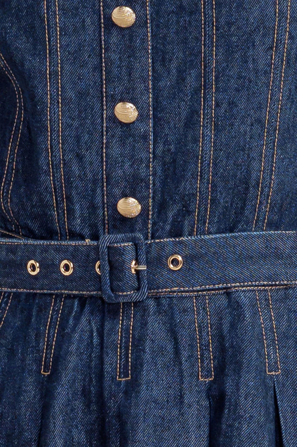 MOONLIGHT SERENADE DENIM MIDI DRESS.