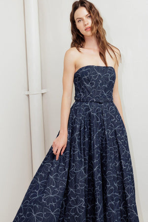 MOONDUST GARDEN DENIM MIDI DRESS.