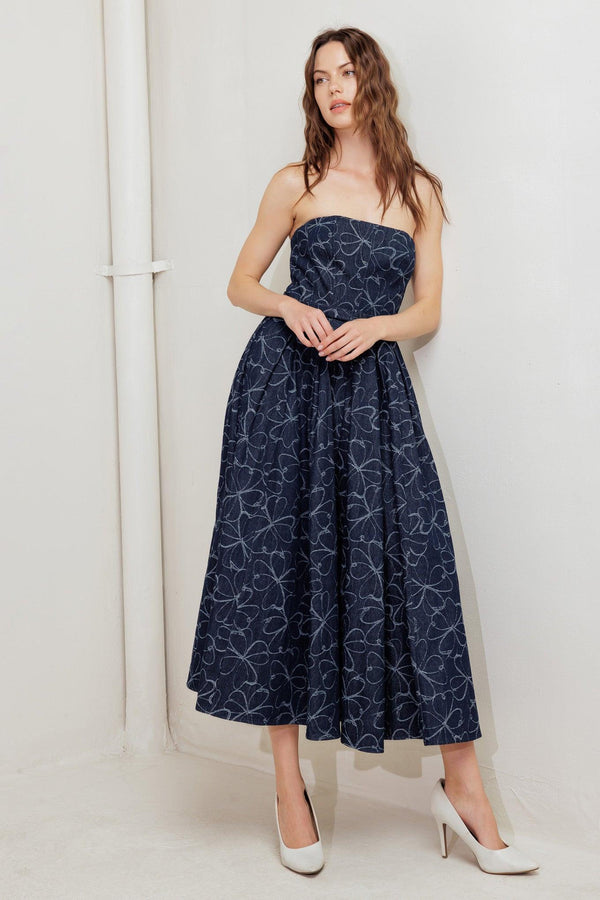 MOONDUST GARDEN DENIM MIDI DRESS.