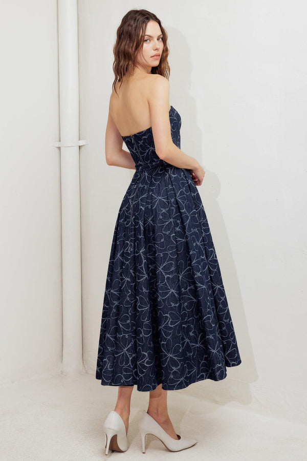 MOONDUST GARDEN DENIM MIDI DRESS.