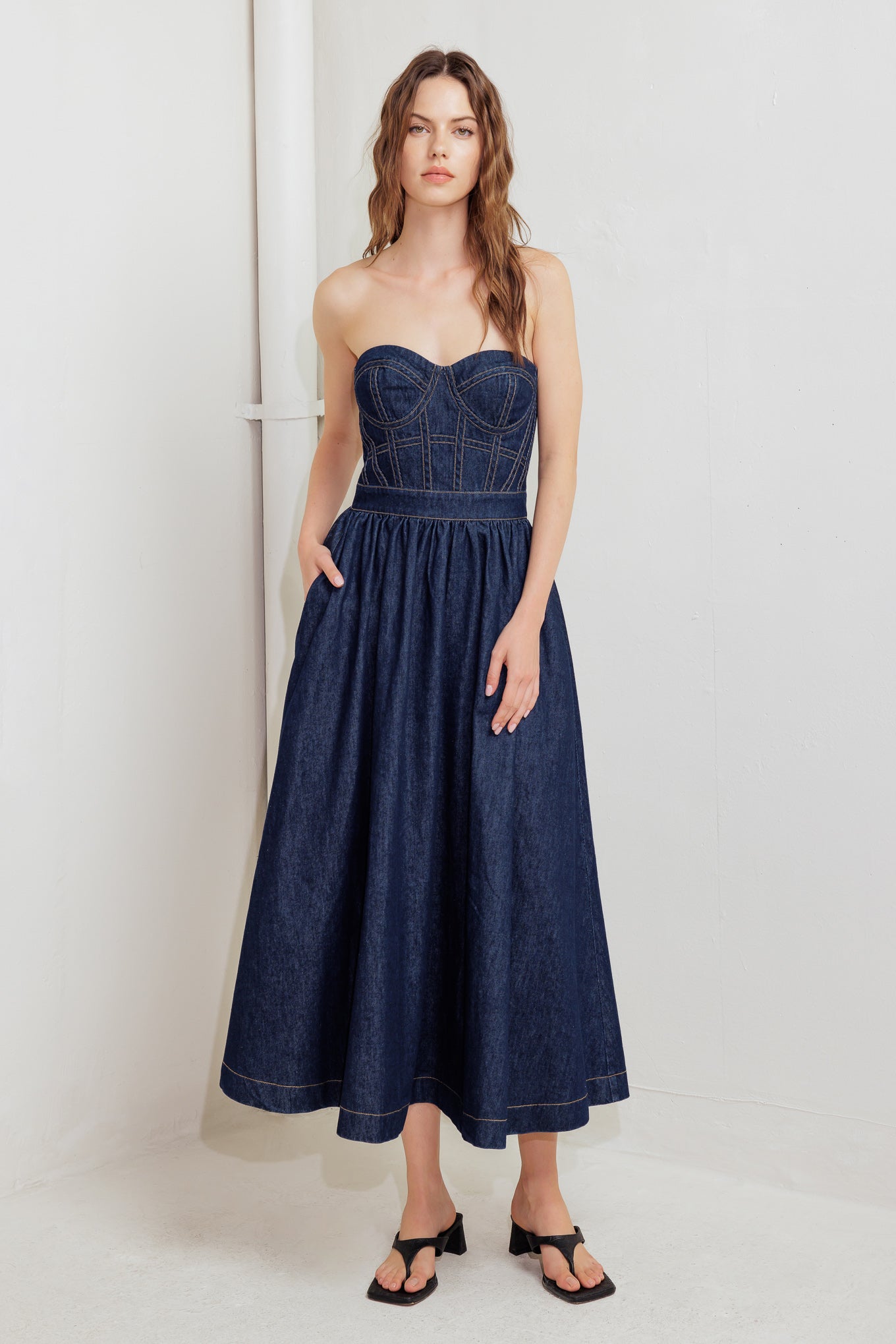 RAW ROMANCE DENIM MIDI DRESS