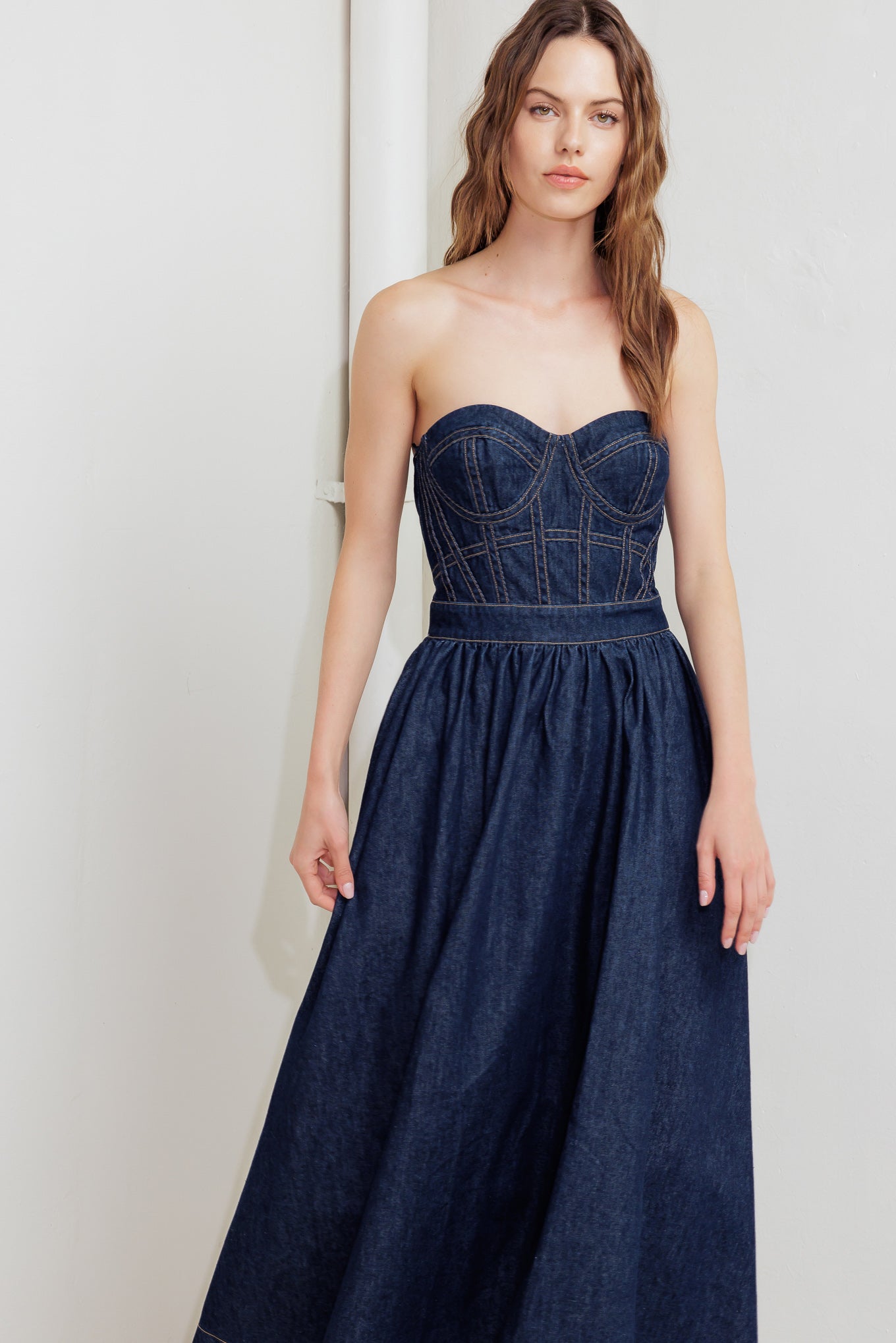 RAW ROMANCE DENIM MIDI DRESS