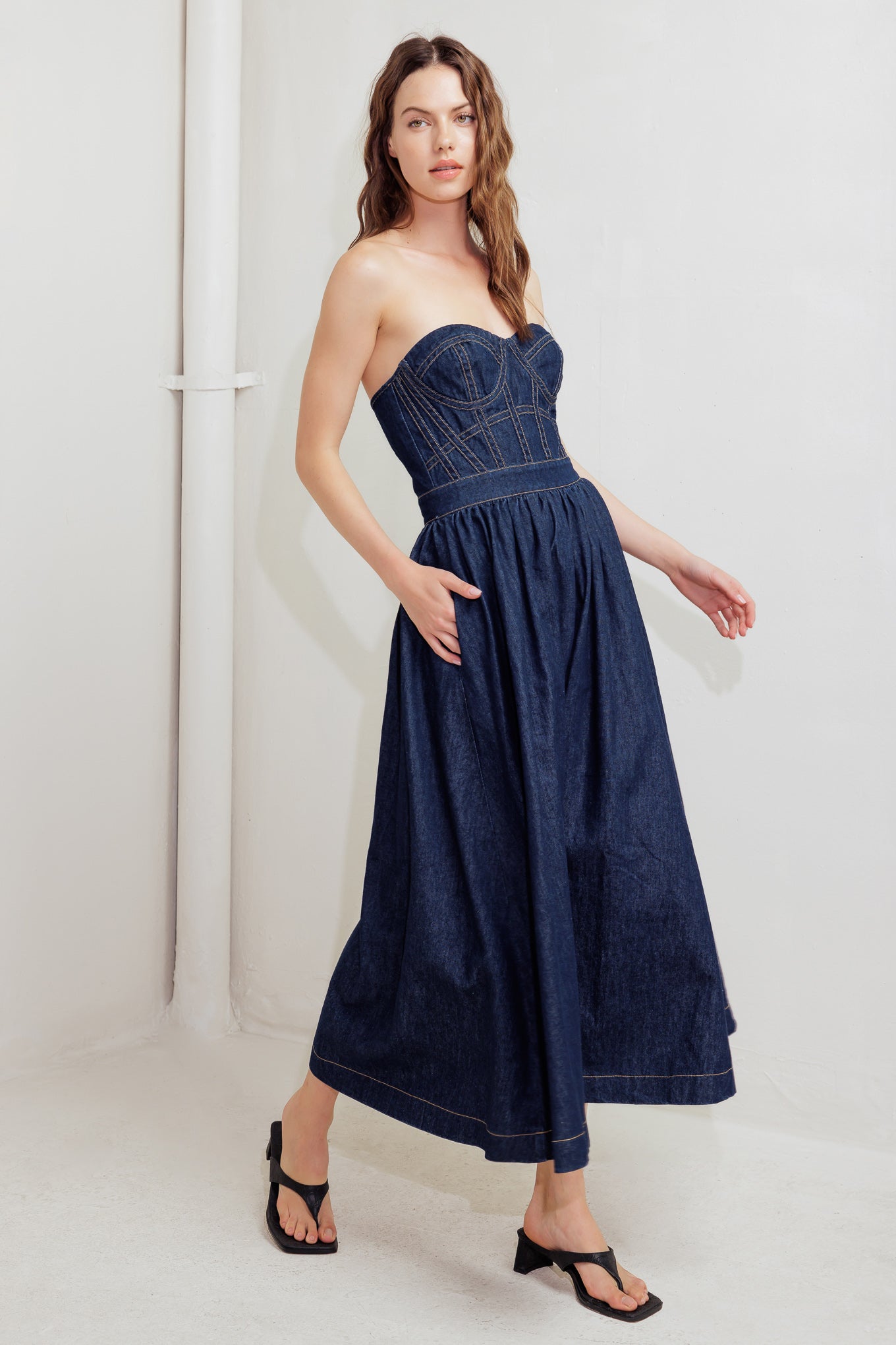 RAW ROMANCE DENIM MIDI DRESS