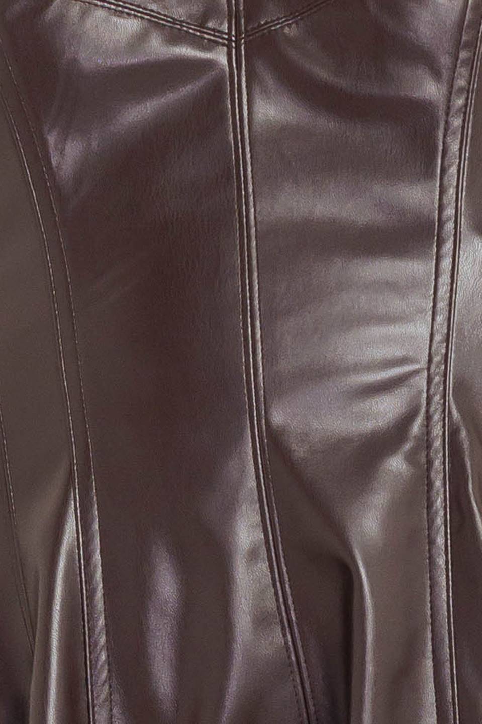 A faux leather midi dress featuring strapless sweetheart neckline, circle skirt and back zipper closure