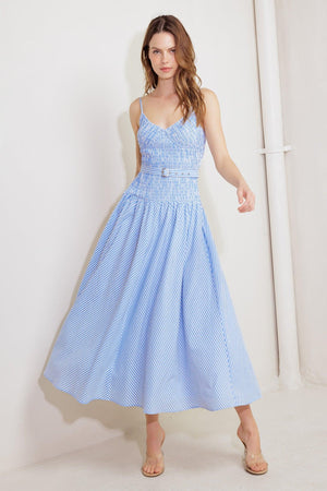 CITY BREEZE WOVEN MIDI DRESS.