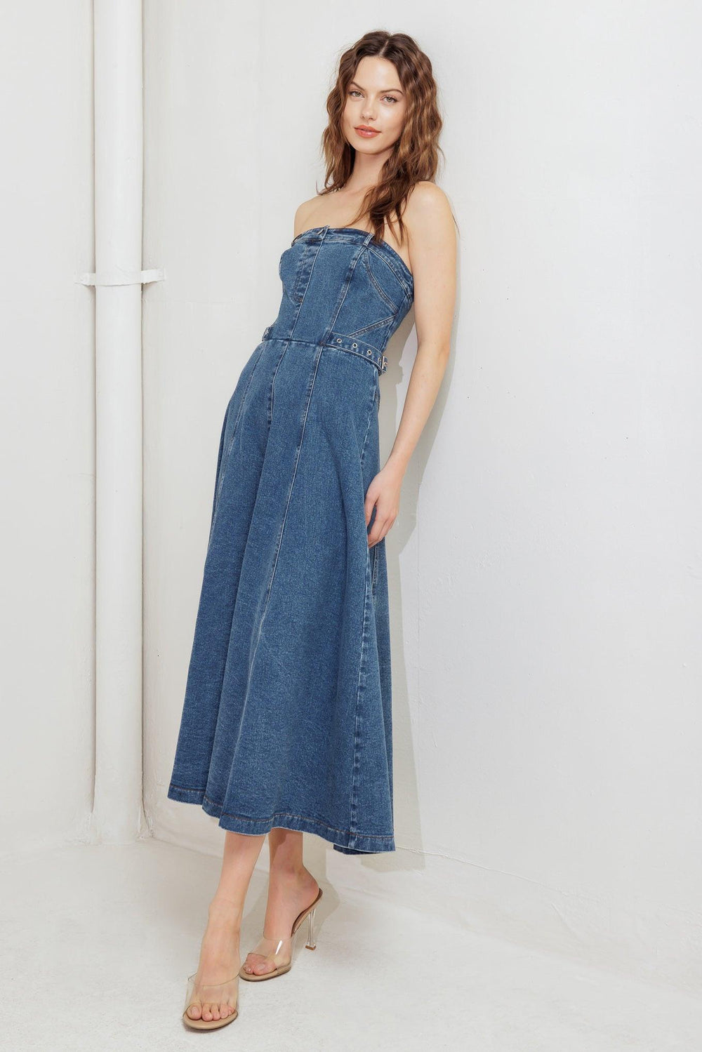 MIDNIGHT STRUCTURE DENIM MIDI DRESS.