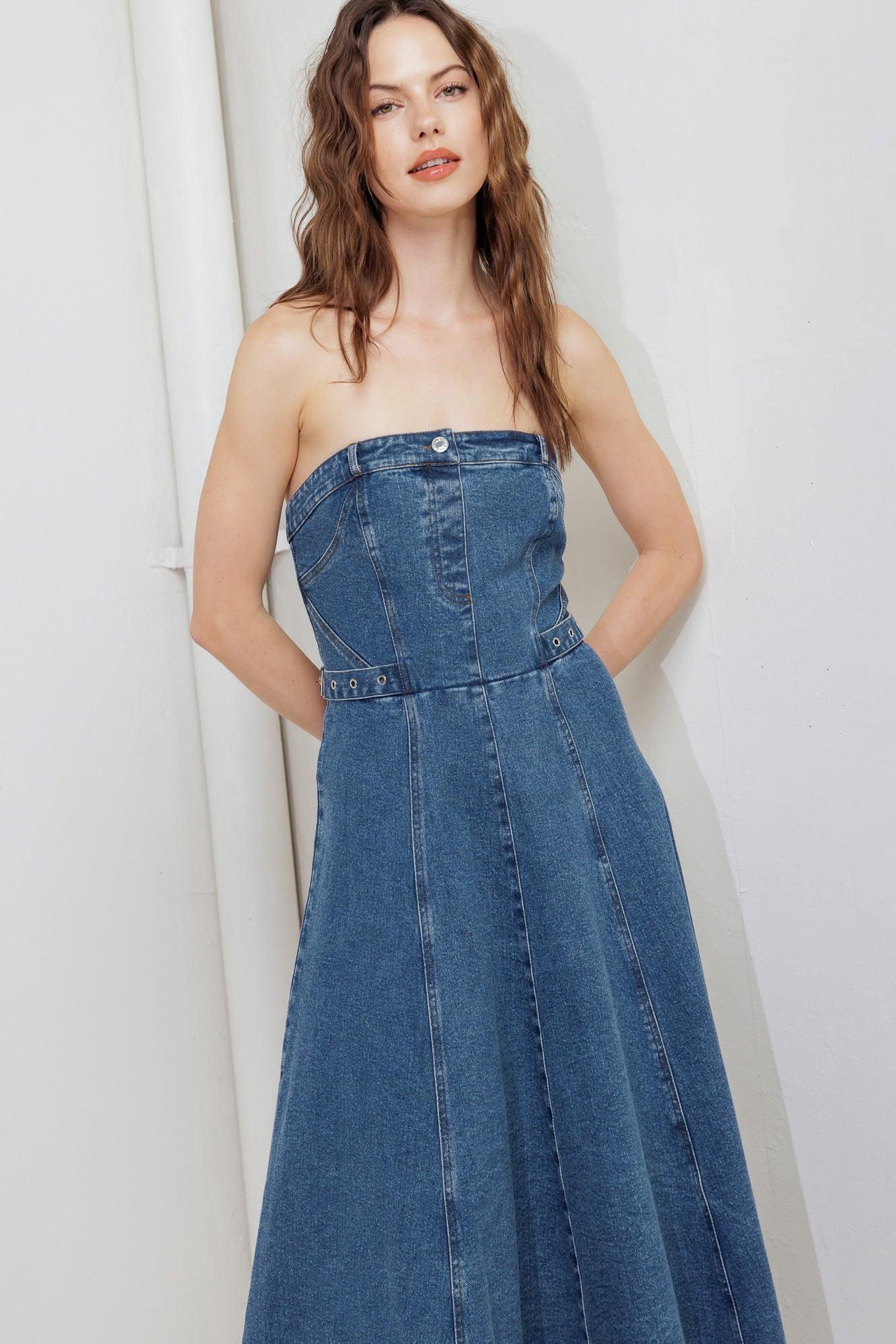 MIDNIGHT STRUCTURE DENIM MIDI DRESS, INDIGO DENIM / M MIDNIGHT STRUCTURE DENIM MIDI DRESS, INDIGO DENIM / M