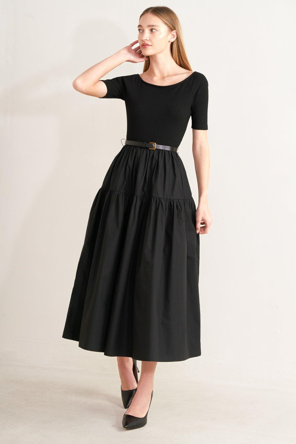 SADDLE BREEZE BLACK MIDI DRESS.