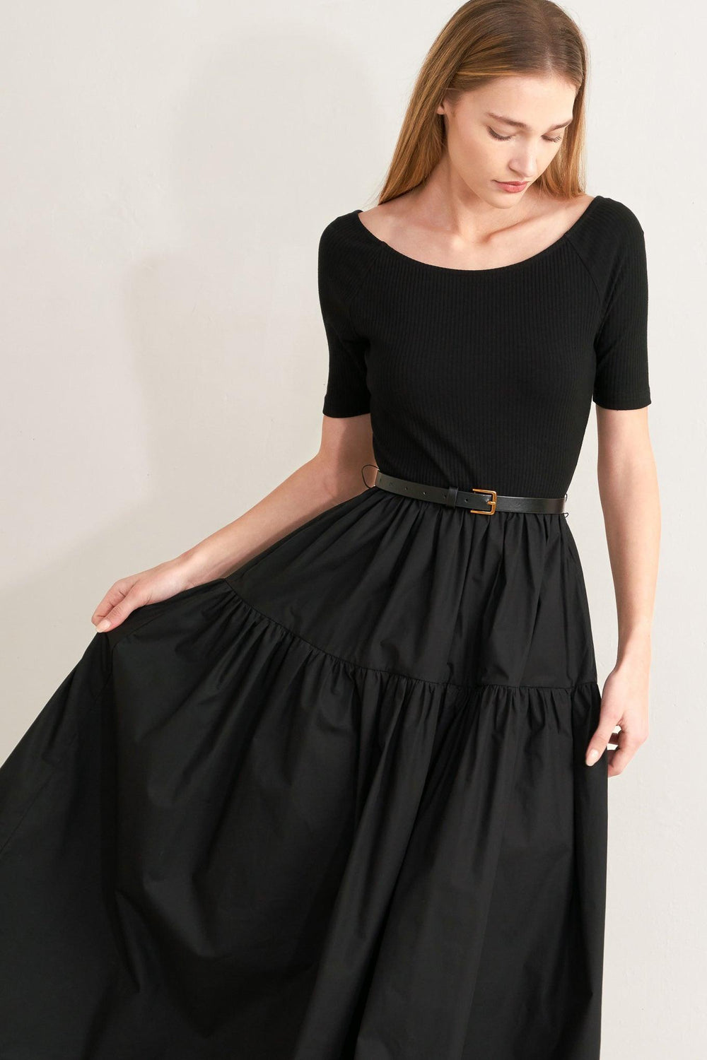 SADDLE BREEZE BLACK MIDI DRESS.