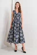 LUX BLOOMING WOVEN JACQUARD MIDI DRESS.