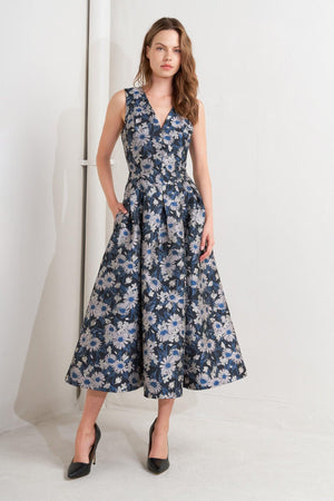 LUX BLOOMING WOVEN JACQUARD MIDI DRESS.