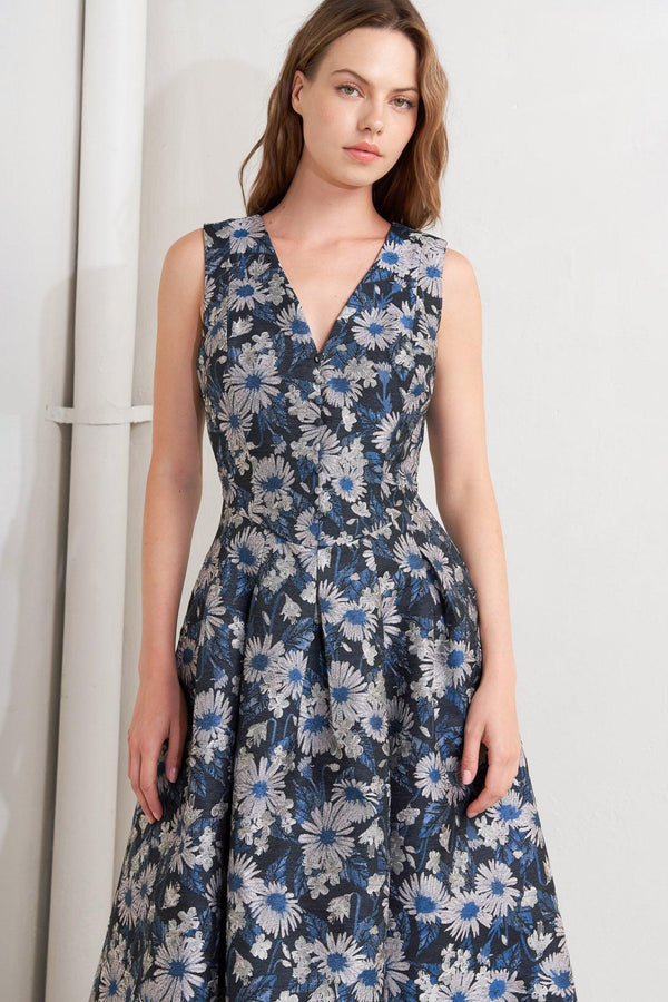 LUX BLOOMING WOVEN JACQUARD MIDI DRESS.