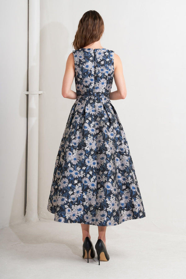 LUX BLOOMING WOVEN JACQUARD MIDI DRESS.