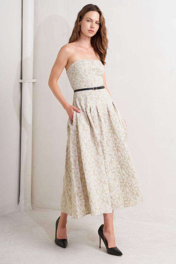 WHISPER LEAF WOVEN MIDI DRESS.