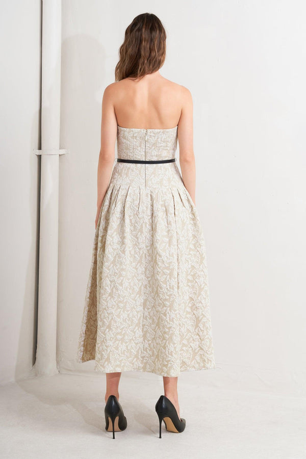 WHISPER LEAF WOVEN MIDI DRESS.