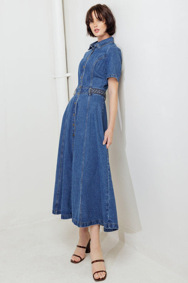 A washed denim midi dress featuring collar, short sleeve, button down, braided waistband and circle skirt