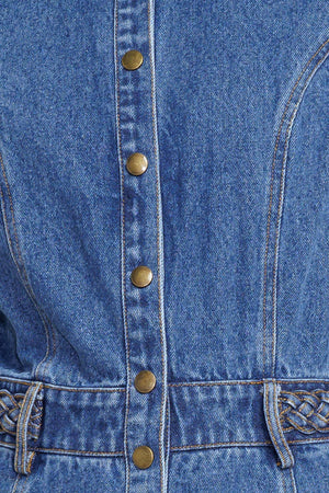 A washed denim midi dress featuring collar, short sleeve, button down, braided waistband and circle skirt