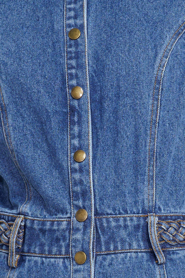 A washed denim midi dress featuring collar, short sleeve, button down, braided waistband and circle skirt