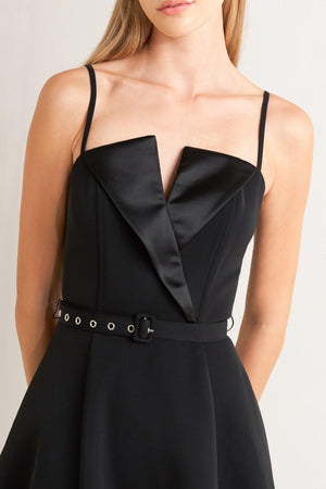 MIDNIGHT TUX WOVEN MIDI DRESS.