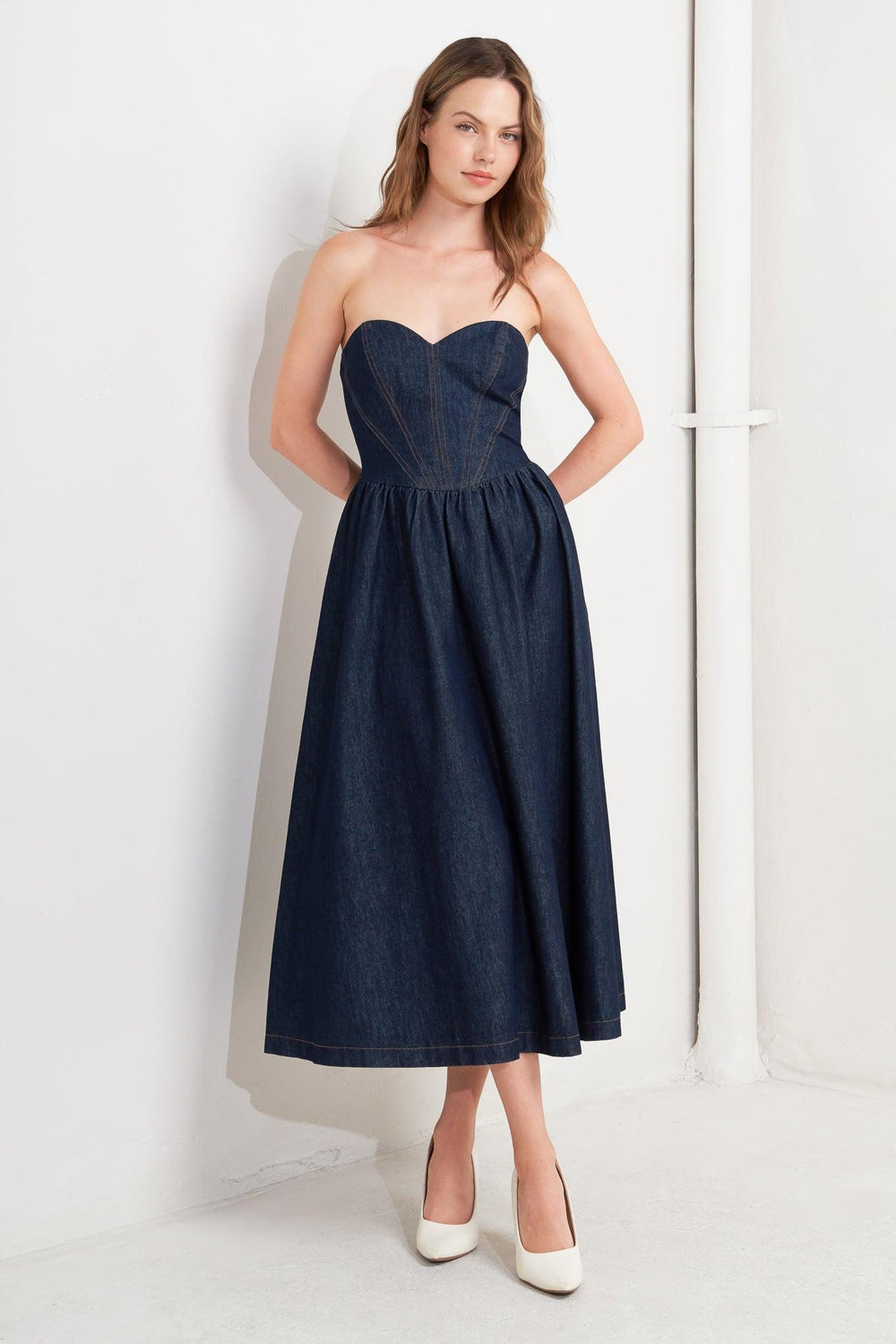VINTAGE SIREN DENIM MIDI DRESS.
