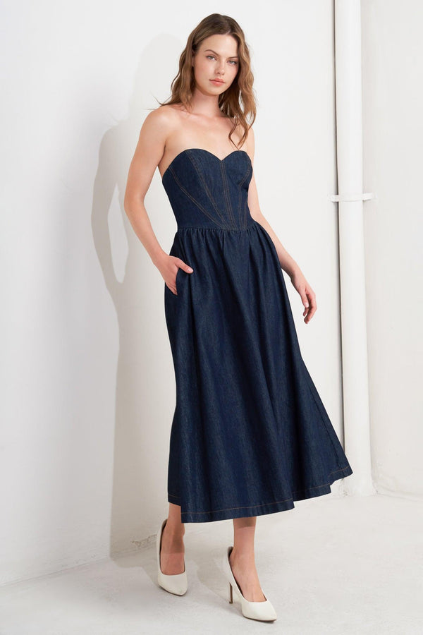 VINTAGE SIREN DENIM MIDI DRESS.