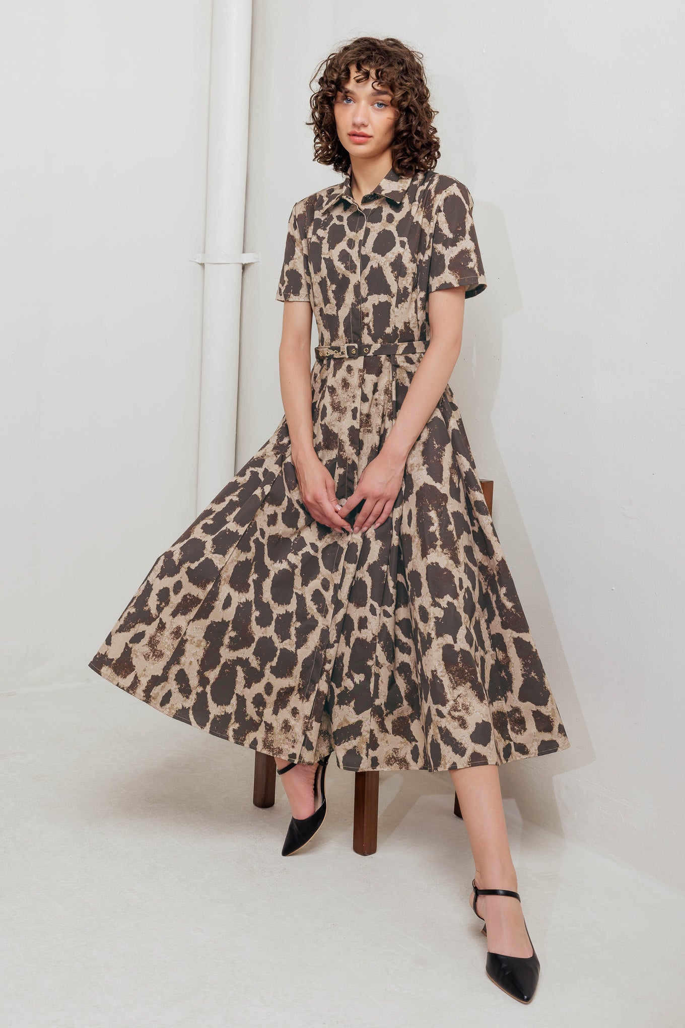 A printed woven midi dress featuring collar, short sleeve, hidden placket with button, self belt and circle skirt