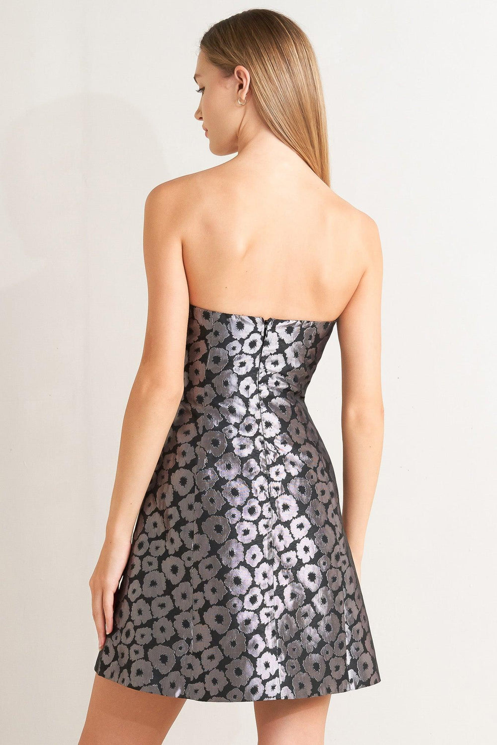 SHINE ON ME WOVEN JACQUARD MINI DRESS.