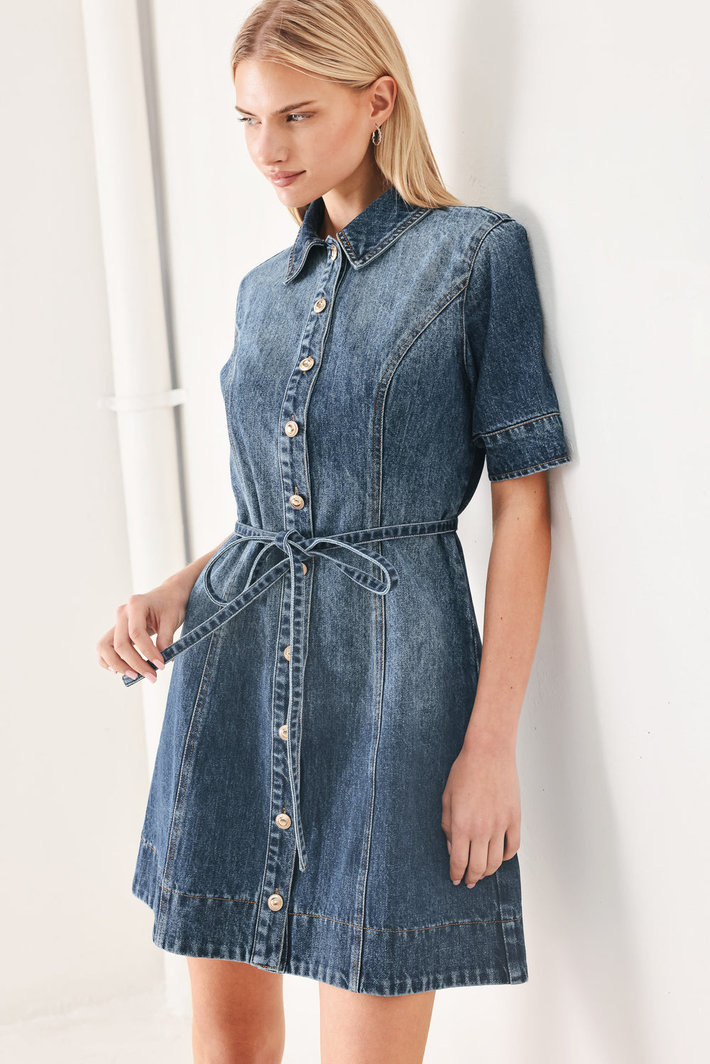 Woman wearing a denim mini dress featuring front button down, short sleeve and skinny waist tie | FREEMARKET