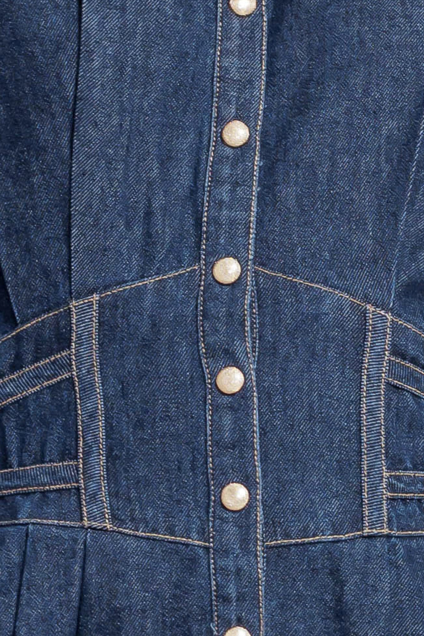 A denim midi dress featuring collar, front snap button closure, long sleeve, wide waist band and full skirt