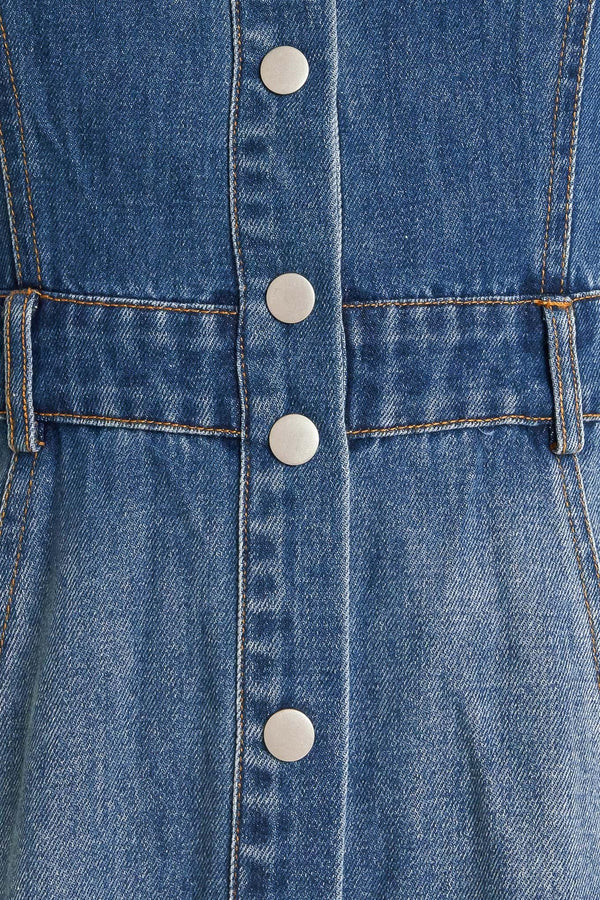 ELEGANT TOUCH DENIM MIDI DRESS.