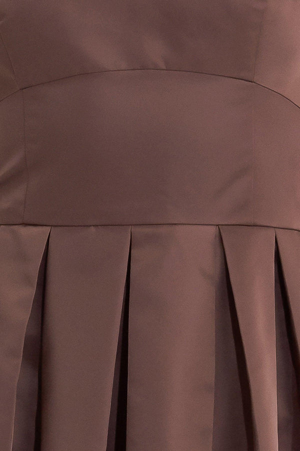 A solid woven midi dress featuring straight neckline, straps, full skirt, low back and zipper closure