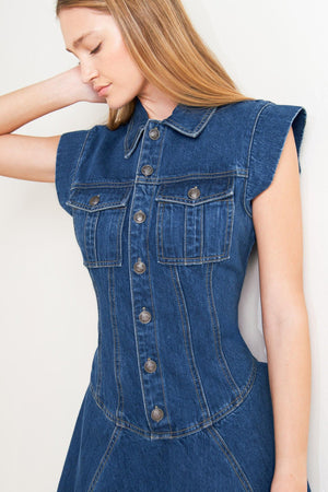 BLUE CRUSH DENIM MINI DRESS.