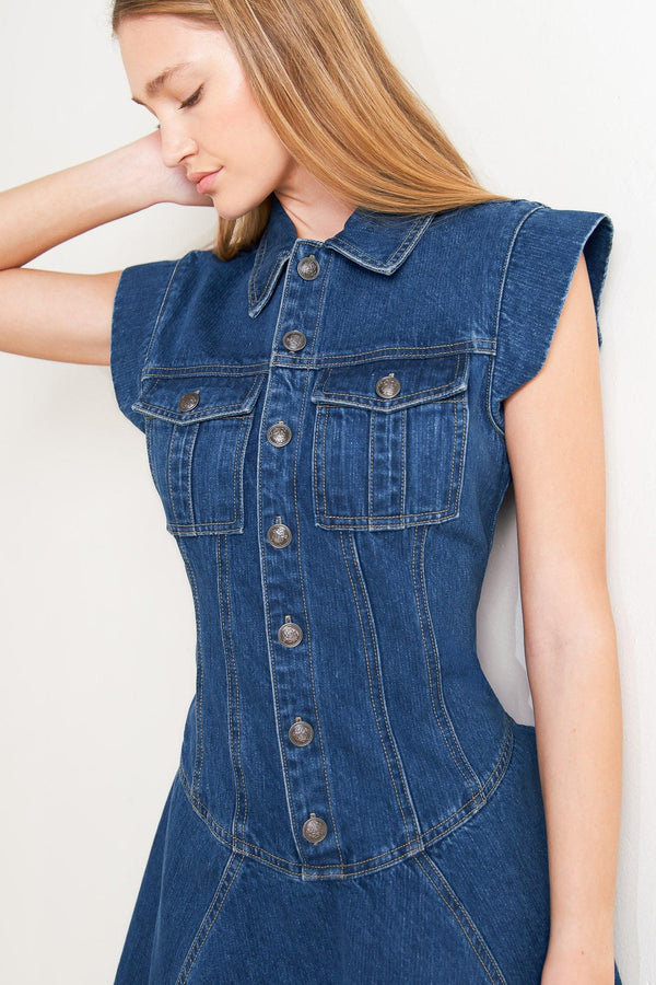 BLUE CRUSH DENIM MINI DRESS.