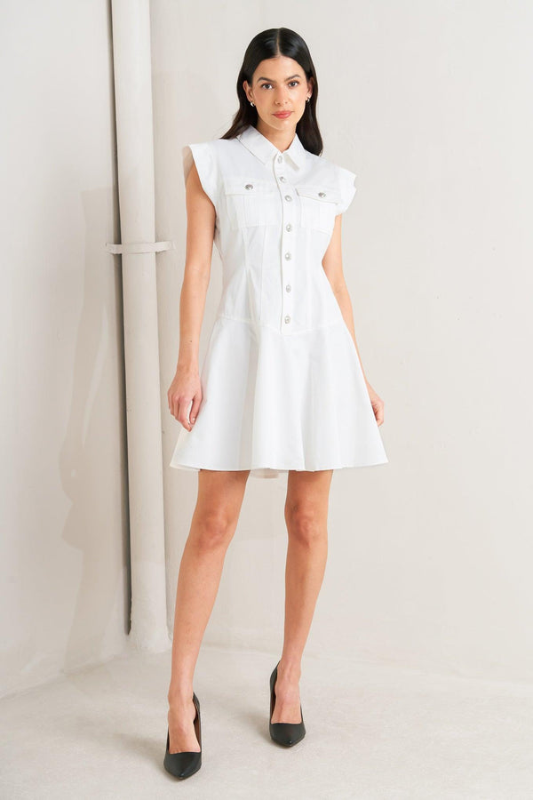 CONFIDENTLY YOURS WHITE WOVEN MINI DRESS.