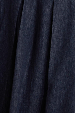 A denim midi dress featuring strapless sweetheart neckline, bustier bodice with button detail, basque waist, full skirt and back zipper closure