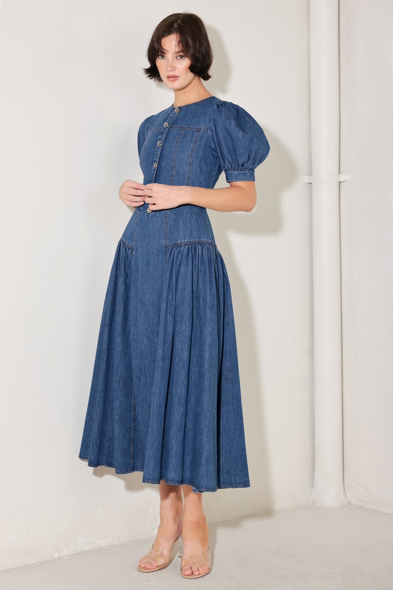 MIDDAY IN BLUE DENIM MIDI DRESS - Flying Tomato - DRESSES - Freemarket