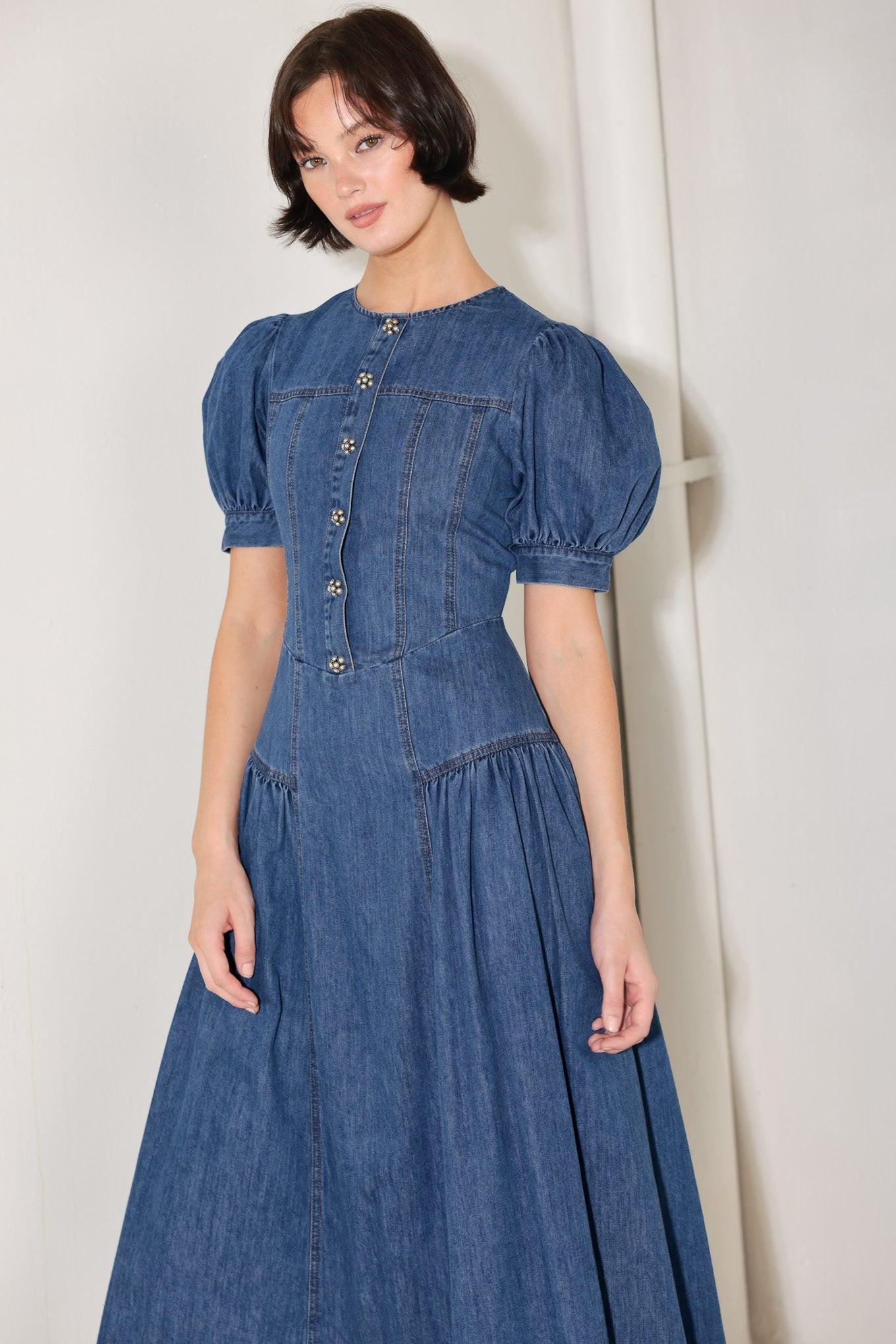 denim midi dresses for women On 34th Women's Tiered Dress, Created Macy's inspired detailing with everyday wearability MIDDAY IN BLUE DENIM MIDI